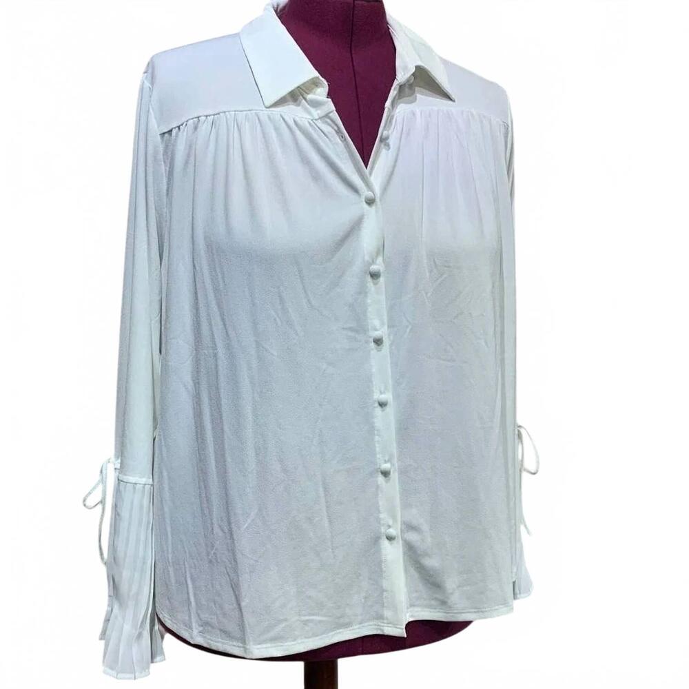 NEW BELLDINI women's button down long bell sleeve top blouse - plus in white